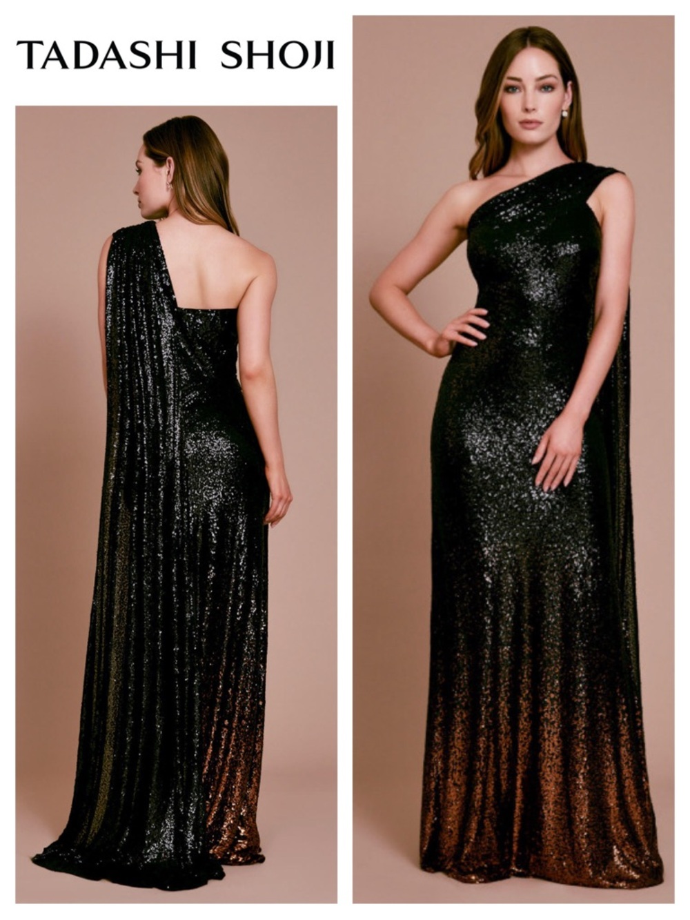 TADASHI SHOJI Bagan One-Shoulder Draped Ombré Sequin Gown